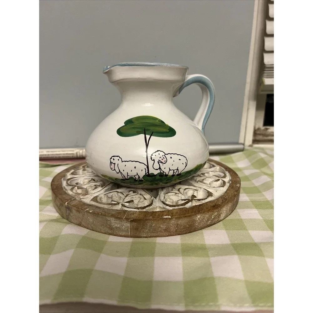 Italian Art Pottery Hand Painted Two White Sheep Tree Pitcher 4.75